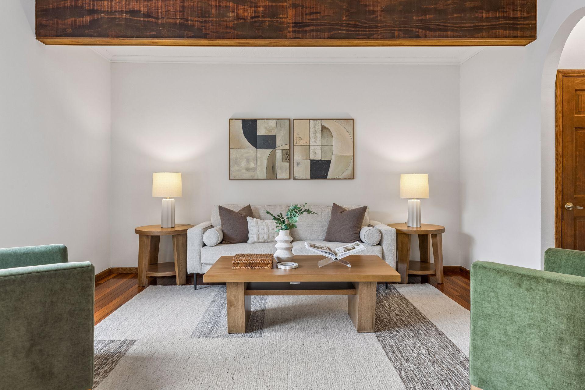 Beautiful wood beam adds visual interest to the main floor living room.