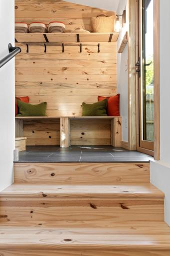 Entire transition area from main to lower level was rebuilt. Vaulted ceilings, beautiful wood stair treads and custom stair treads create a lasting impression
