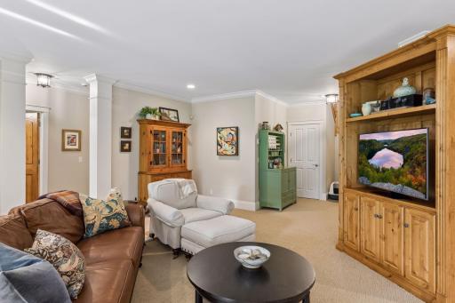 The lower level offers multiple conversation areas with room to spread out.