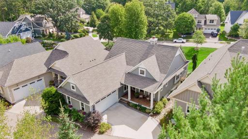 An aerial view shows the homeâs position within Liberty on the Lake and its beautifully planned streetscape.