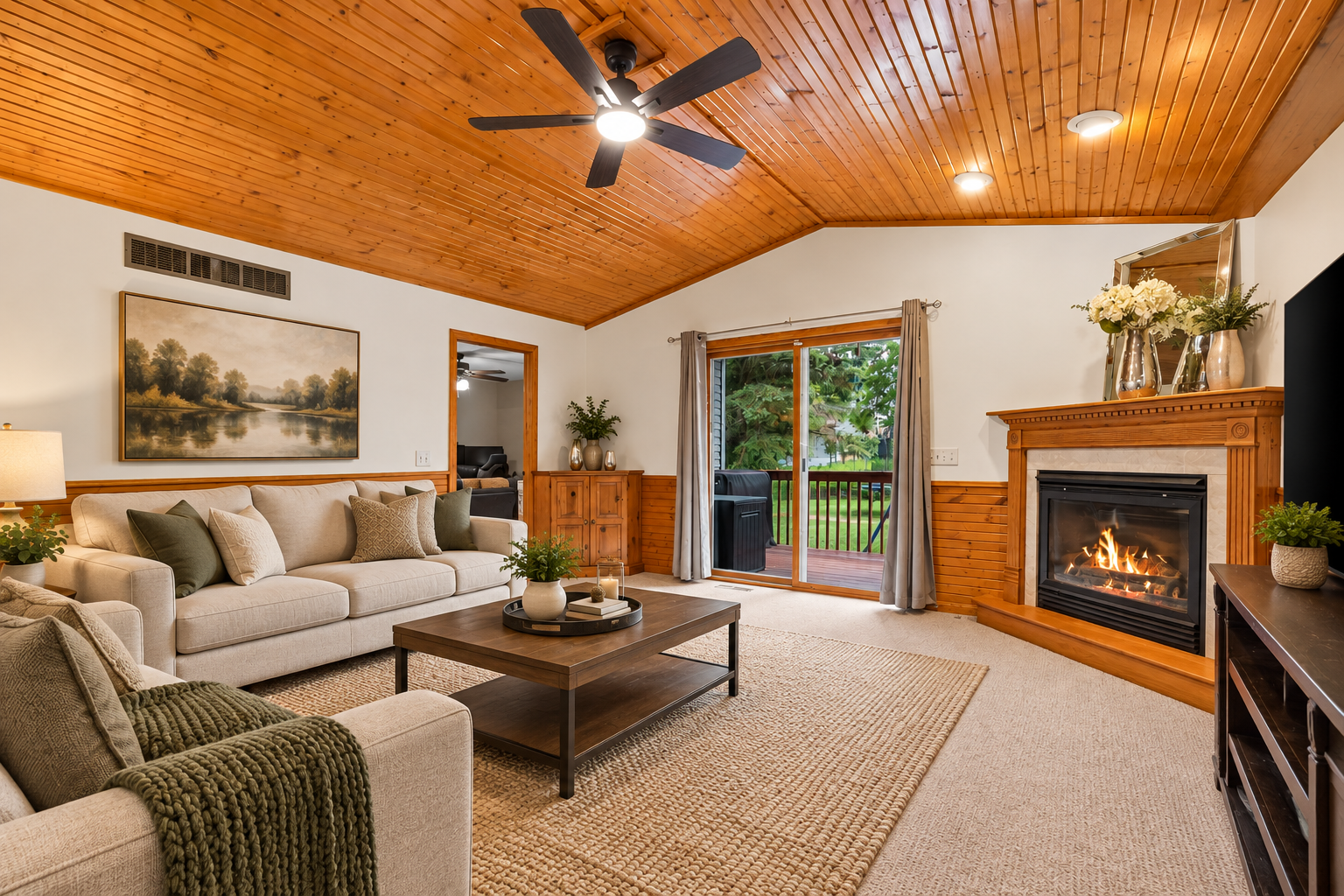Beautiful family room featuring a stunning vaulted ceiling, cozy fireplace, and access to the backyard deck. Virtually Staged.