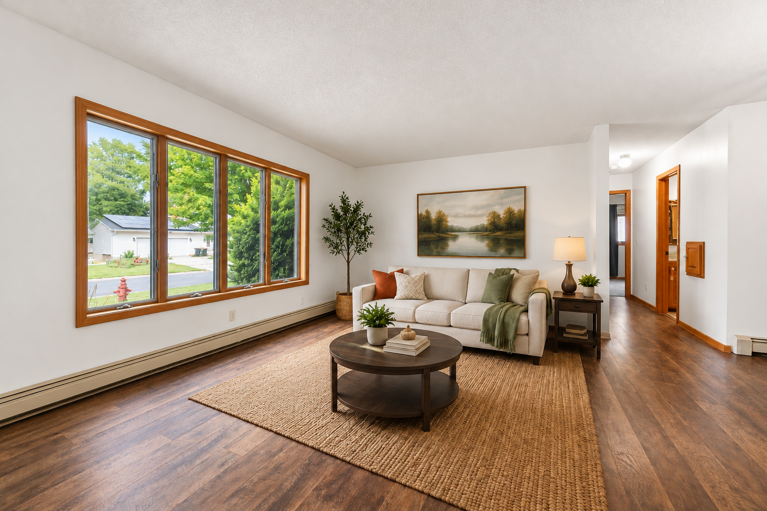 Bright and welcoming living room with gorgeous flooring and a large picture window that fills the space with natural light. Virtually Staged.