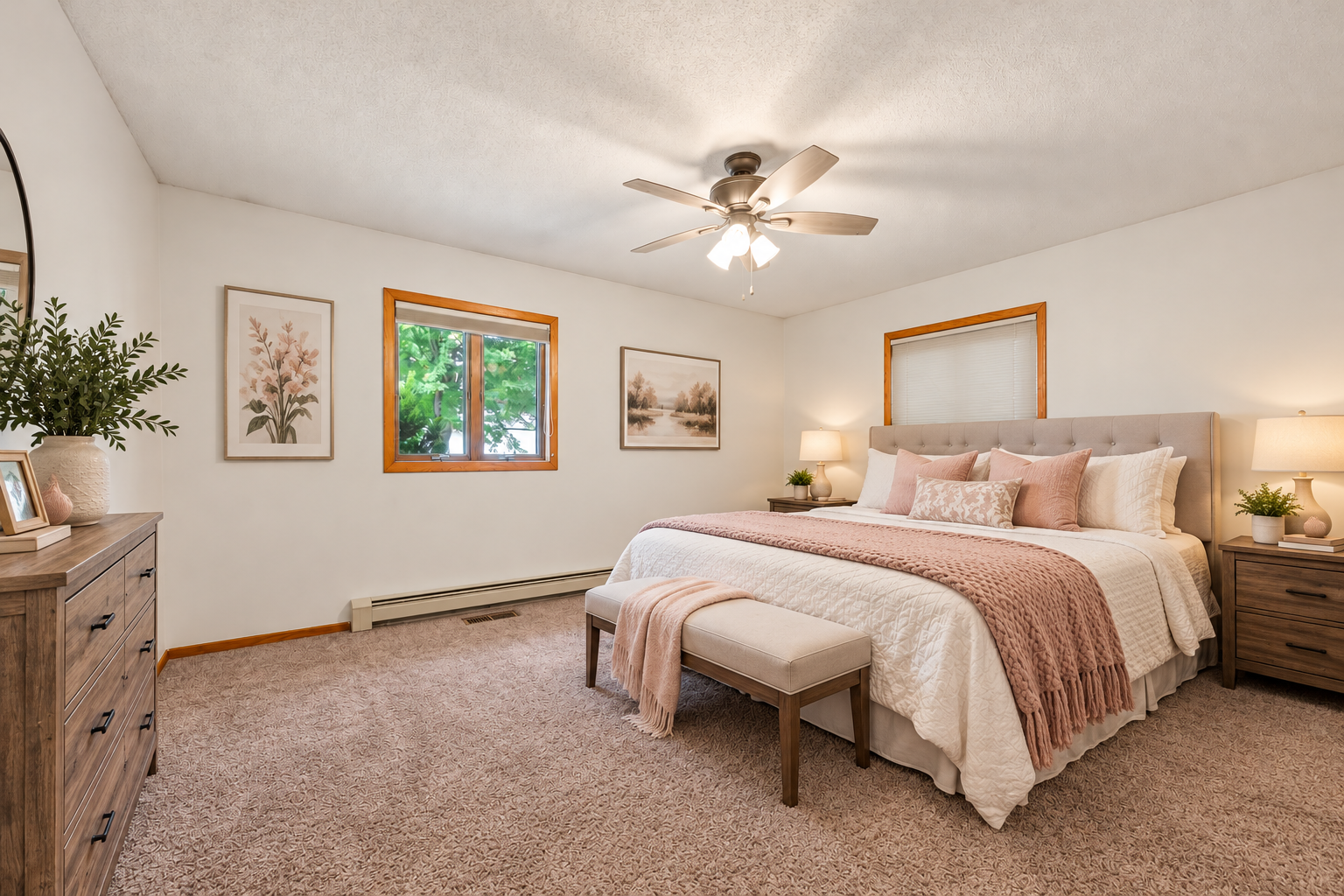 Inviting bedroom with neutral tones, cozy carpeting, and natural light. Virtually Staged.
