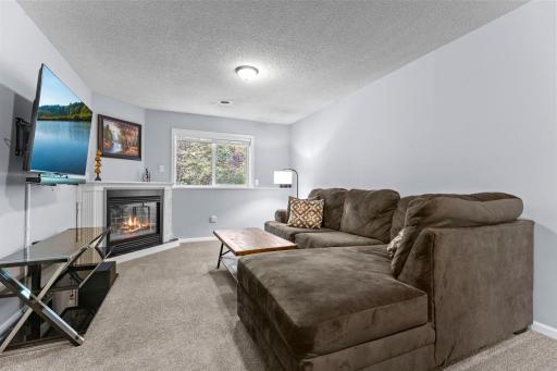 The lower level living room features a fireplace and views of the backyard.