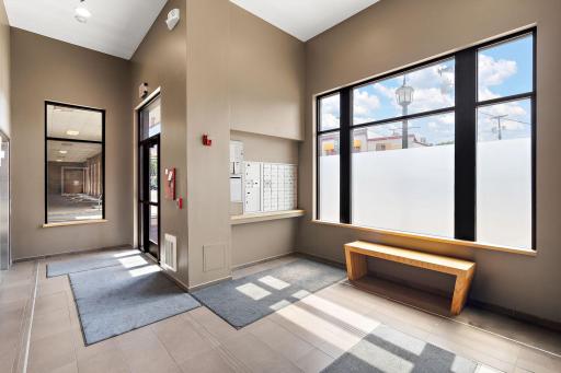 Main entry to building and mail room