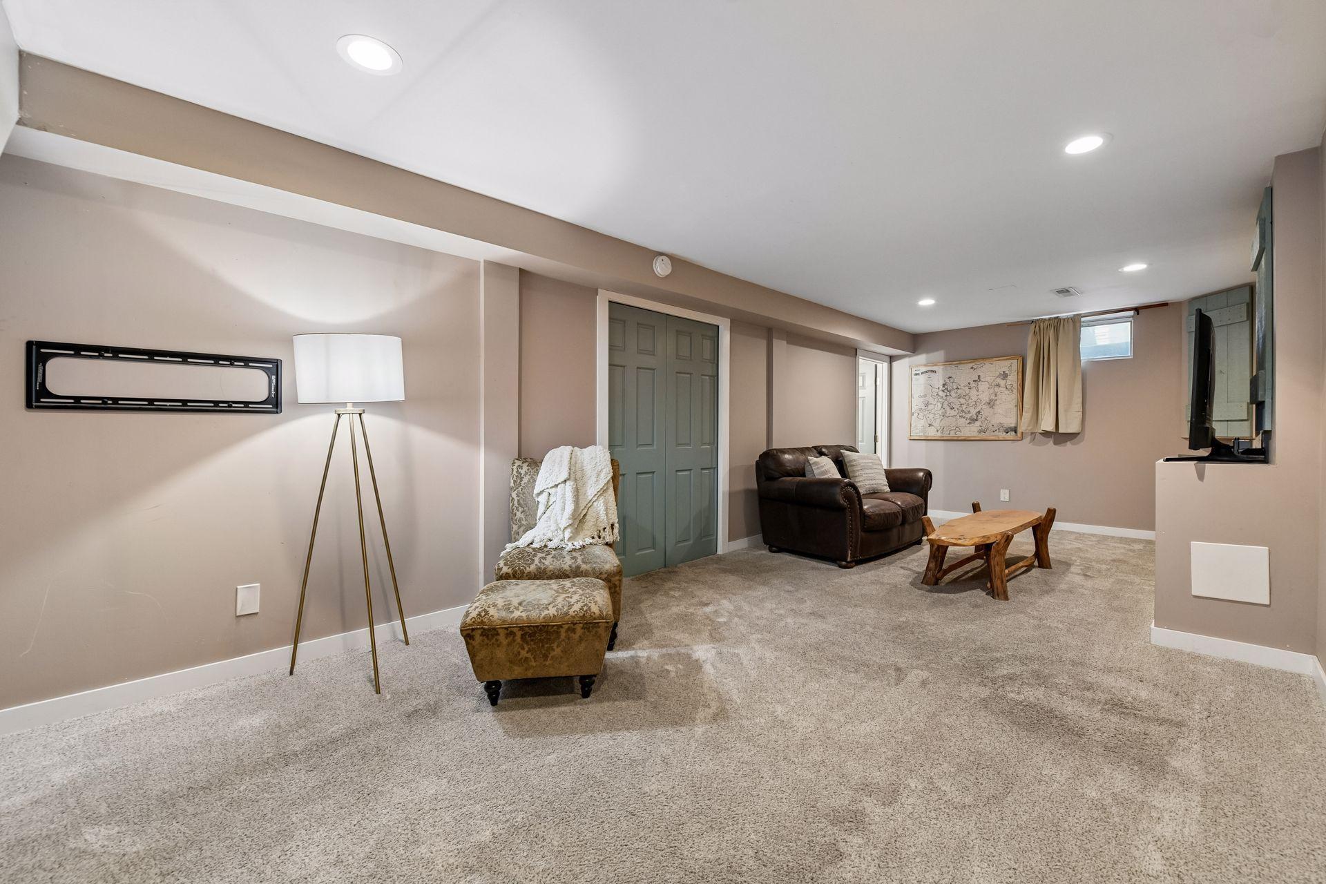 Lower level family room with recessed lighting