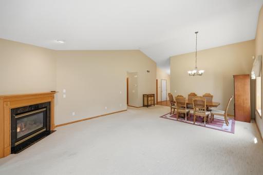 Inviting living and dining great room with gas fireplace