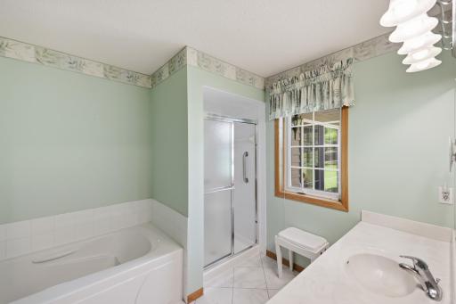 Primary bath offers both a soaking tub and stand up shower