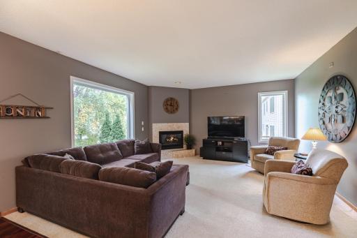 The family room features a corner fireplace and a picture window overlooking the backyard. Views of the backyard setting can be enjoyed from this room.