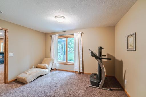 The lower level bedroom has a large window overlooking the backyard.