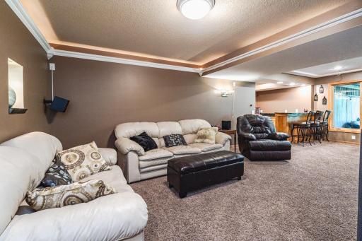 The walkout family room/amusement area is open and inviting and is great for movie nights at home or for teen hangouts.