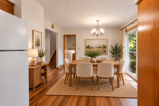 The kitchen is open to the dining area - virtually staged.