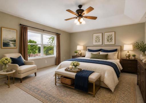 A peaceful primary suite designed for comfort and relaxation. Enjoy the warmth of vaulted ceilings, abundant natural light, and a cozy sitting area that makes this spacious retreat feel both inviting and luxurious (Shown virtually staged)