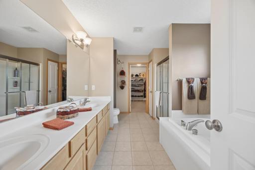Start your day in the comfort of a private primary bath, featuring a separate soaking tub and shower. A convenient pass-through leads directly to the spacious walk-in closet, creating a functional and relaxing retreat.