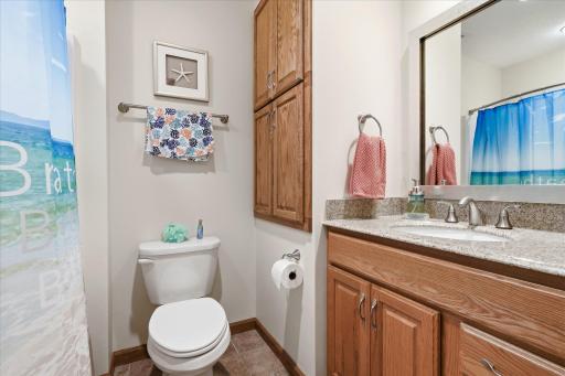 Updated ¾ Bathrm: granite ctr top vanity, heated tile flrs, LED lights + linen closet