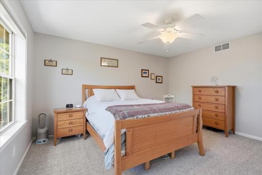 Upper level spacious Primary Bedrm Suite : walk-in closet, updated carpet, ceiling fan/light.
