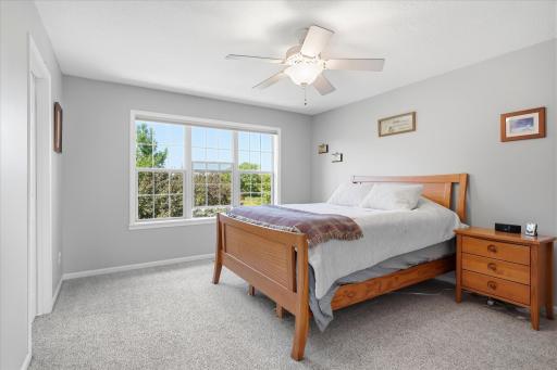 Upper level spacious Primary Bedrm Suite : walk-in closet, updated carpet, ceiling fan/light.