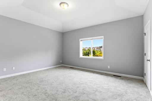 A spacious, serene primary suite highlighted by a beautiful tray ceiling that adds depth, dimension, and an upscale architectural touch.