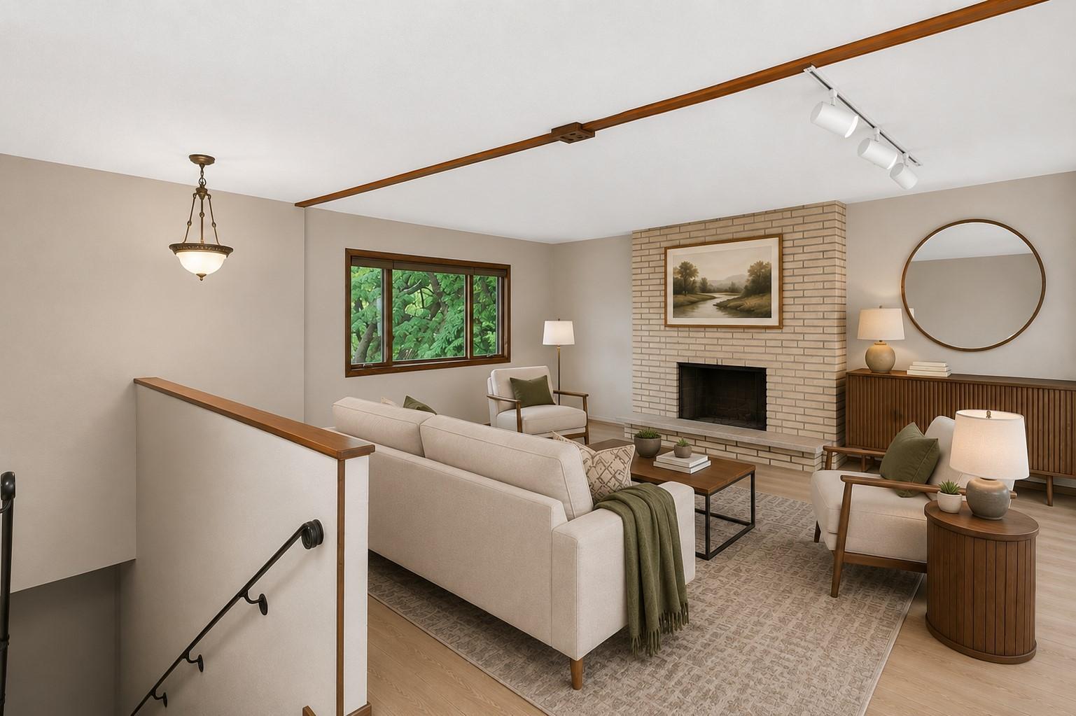 AI Virtually staged- with updated flooring, wall paper and decorative mantle removed