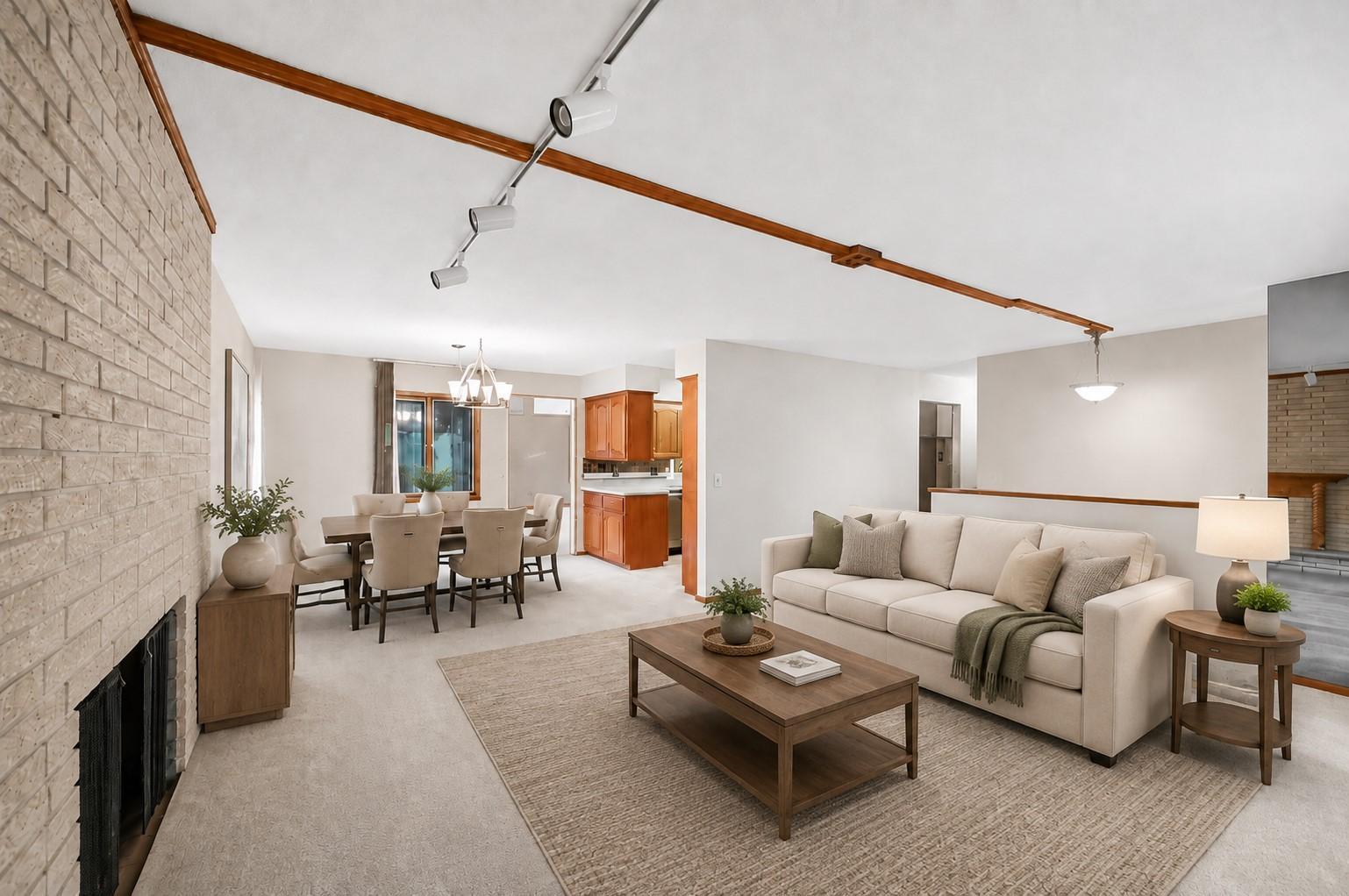 AI Virtually staged - with updated flooring, removal of wall paper.