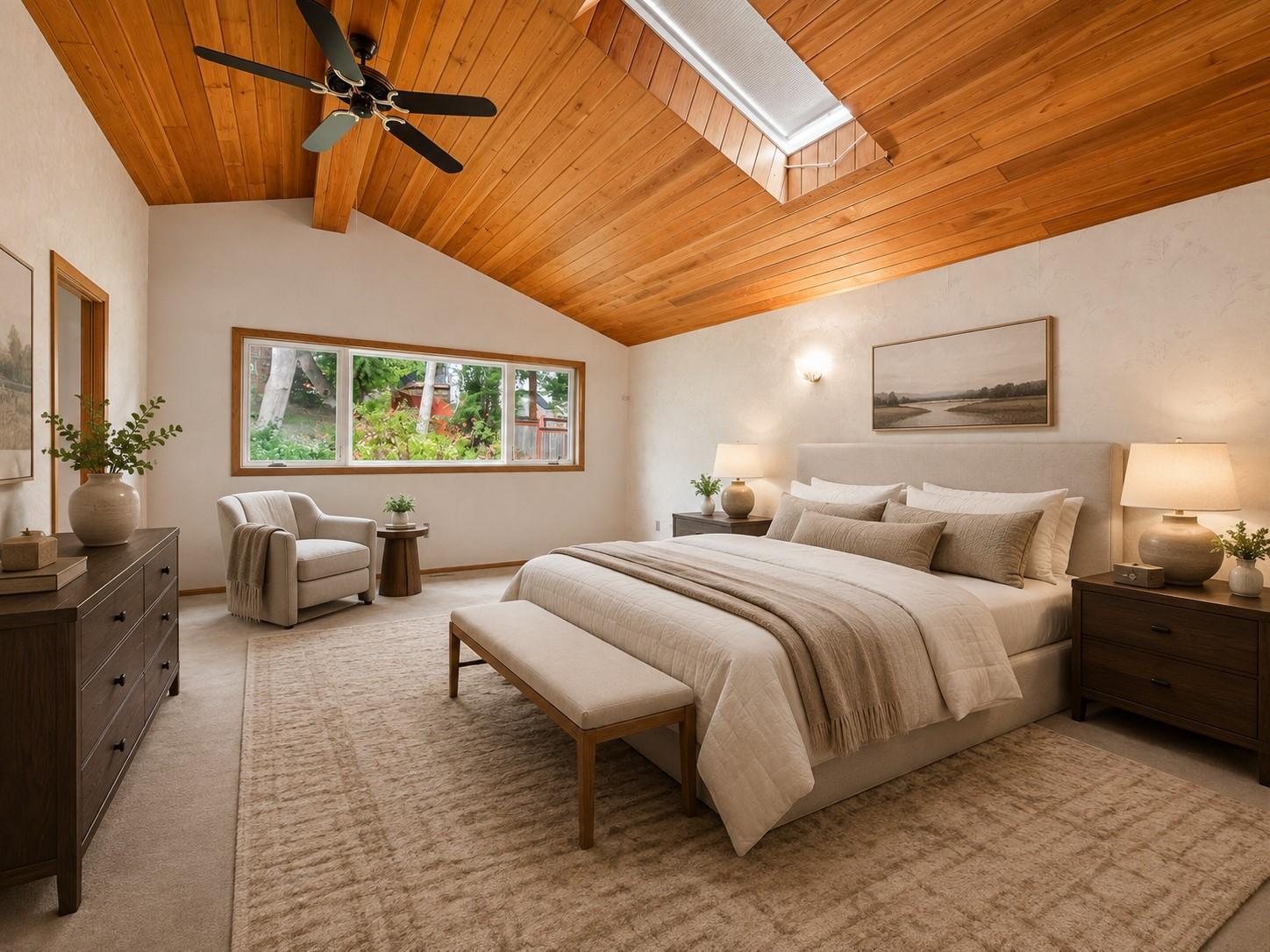Virtually staged primary bedroom - tons of natural light!