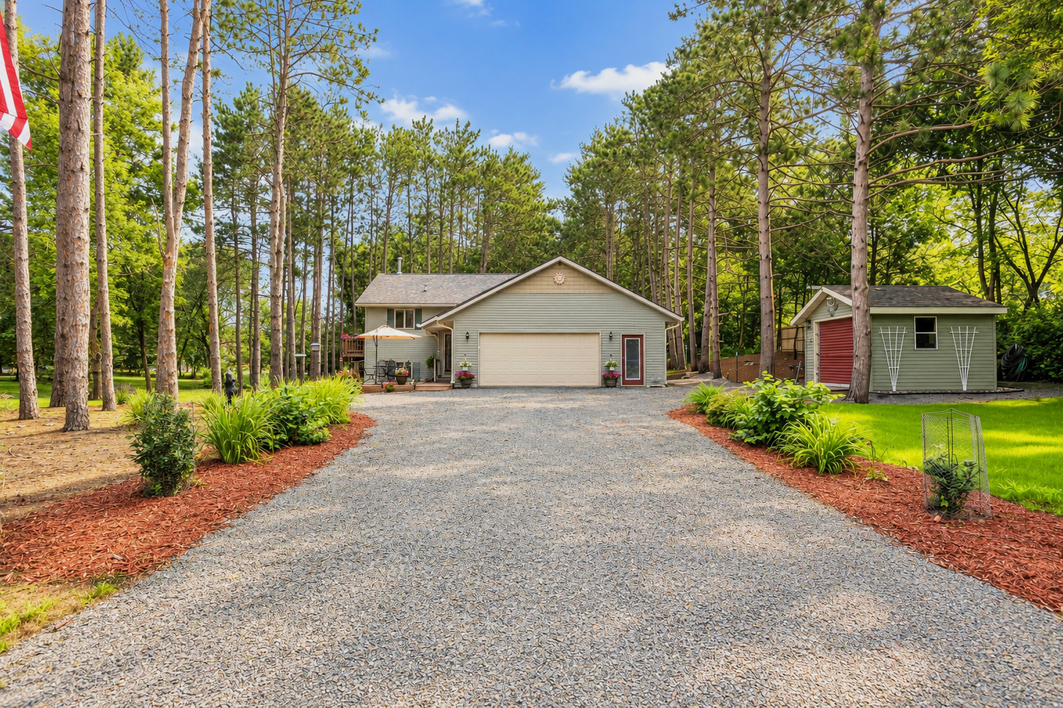 Nestled on a private 1.5 acre lot located on a quiet dead end street