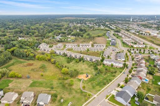 Aerial view showing the development and another nearby park and community garden
