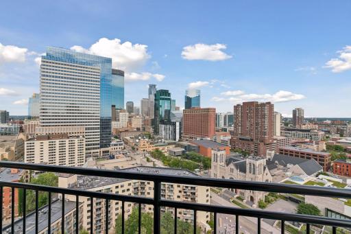 East facing balcony with stunning views of downtown Minneapolis skyline.