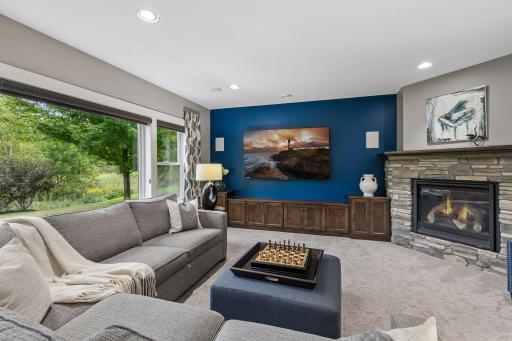 More classic touches....this lower level Rec Room is complete with a gas fireplace, 9' ceilings, built-in media cabinetry, oversized windows, & even custom room darkening shades.