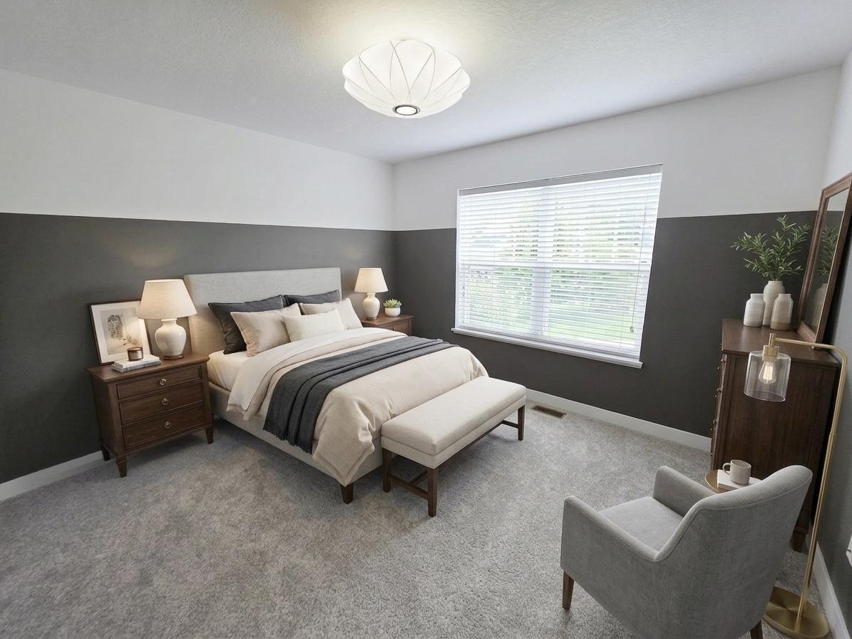 Generously sized upper-level bedroom with dramatic accent wall and plenty of natural light.