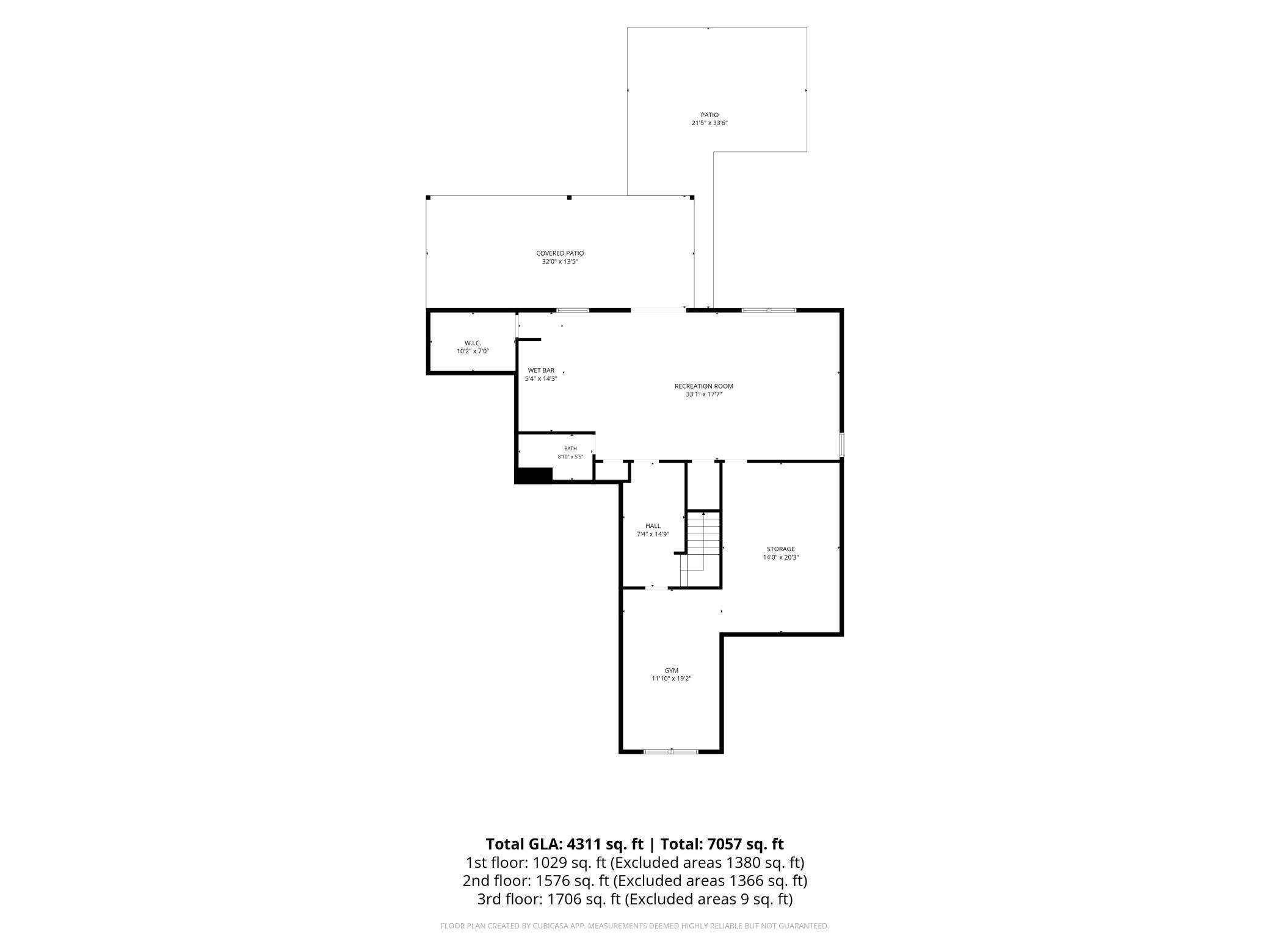 Walkout lower-level floor plan with finished recreation room, wet bar and 3/4 bath, plus heated unfinished exercise room and substantial storage.