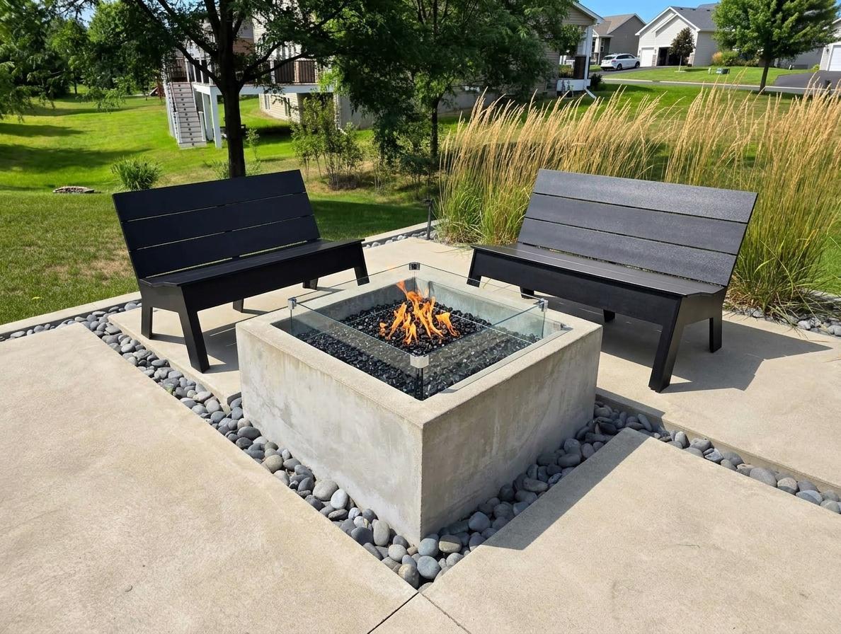 Two-tier concrete patio centers around a built-in natural-gas firepit for effortless outdoor entertaining.