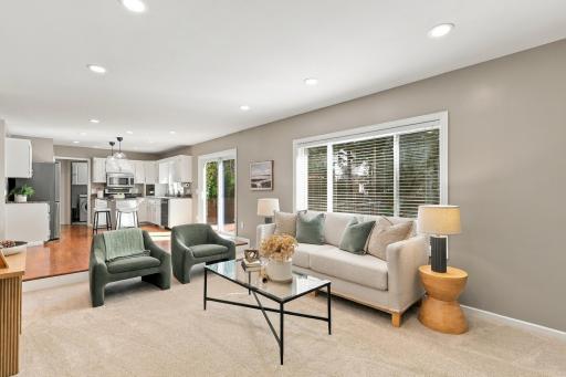 Kitchen and family room with a patio slider for easy access to your backyard