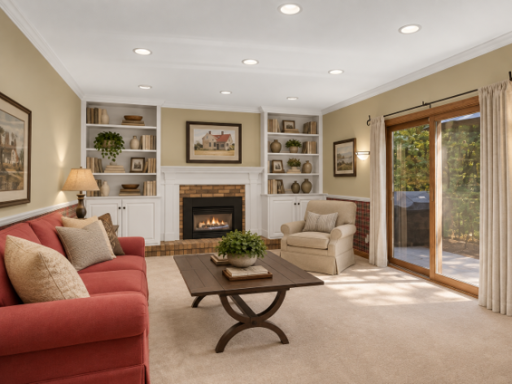 Family room with gas fireplace leads to the backyard deck