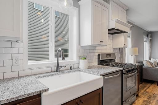 Single basin, oversized sink underneath a great window for natural light