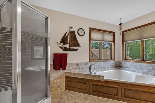 owners bath with jet tub freestanding shower