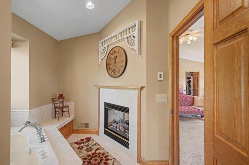 Bathroom jacuzzi tub with gas burning double-sided fireplace