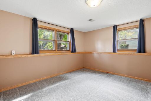 Lower level bedroom with neutral tones, plush carpeting, and abundant natural light.