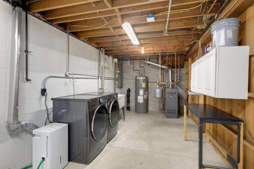 Unfinished, spacious utility/laundry/storage area in the basement