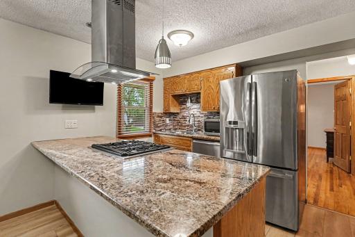 Renovated and open kitchen has all the bells and whistles. Jenn-Aire cooktop and hood, granite countertops, custom backsplash, stainless steel appliances and interchangeable pendant lights.
