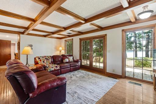 Coffered ceiling and french doors to river in Living room