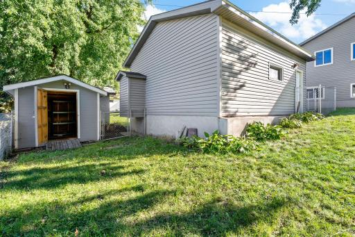 A shaded corner of the backyard with the shed tucked in.