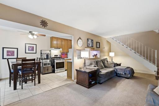 Two story layout with kitchen/dining/living all connected.