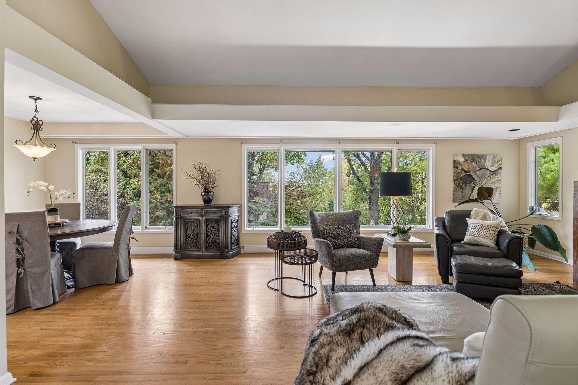 An abundance of natural light pours into generous windows