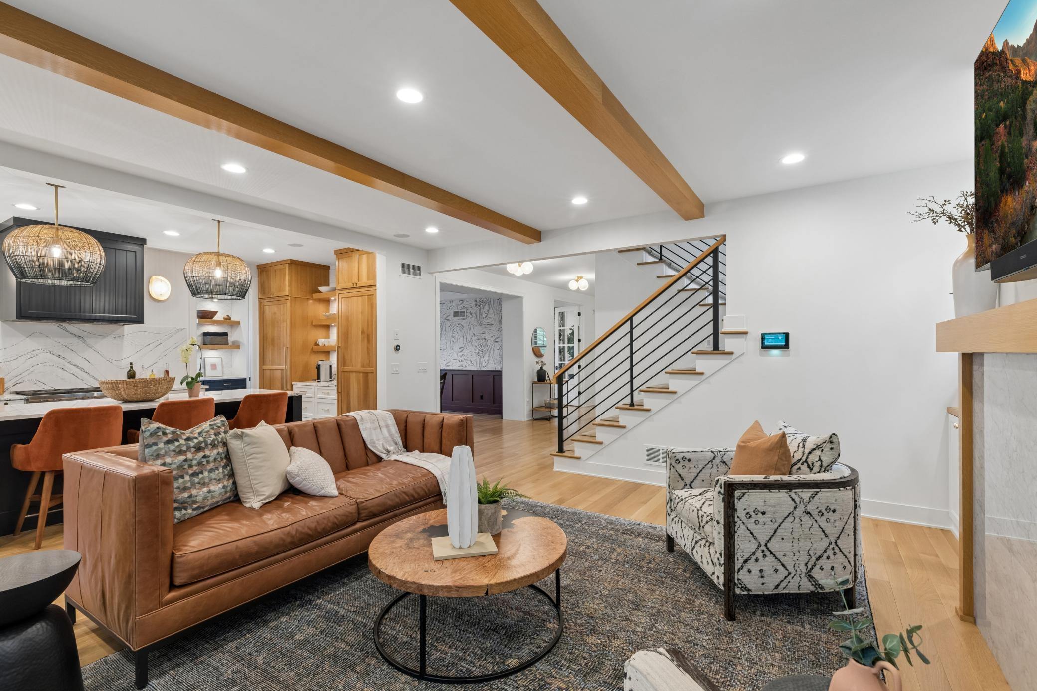 Wood ceiling beams complement the living room.