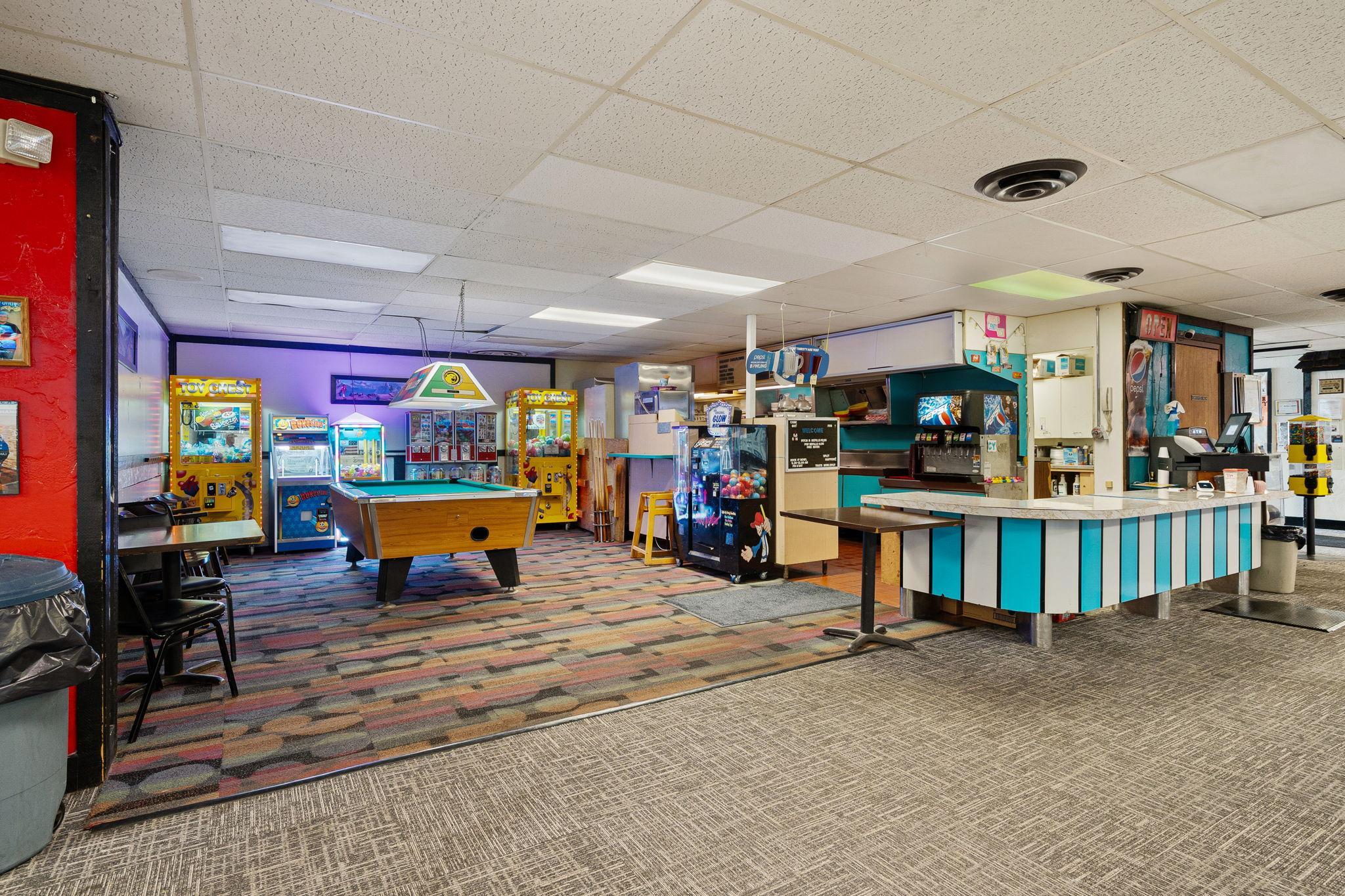 Pool table and food counter
