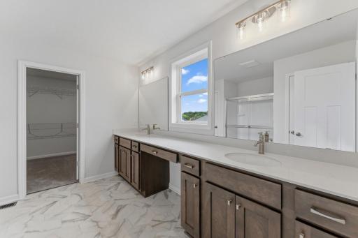 The owner's bath has everything you are looking for with a spacious closet, large two sink vanity, walk in shower and ample storage space.