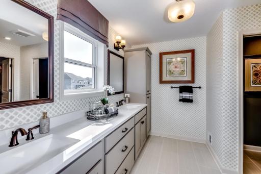 The owner's bath has everything you are looking for with a large two sink vanity, walk in shower and look at all the storage space! (model photo)