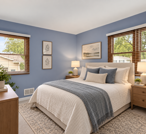 Bedroom 2 â Light-filled bedroom with windows on two sides. Virtually staged.