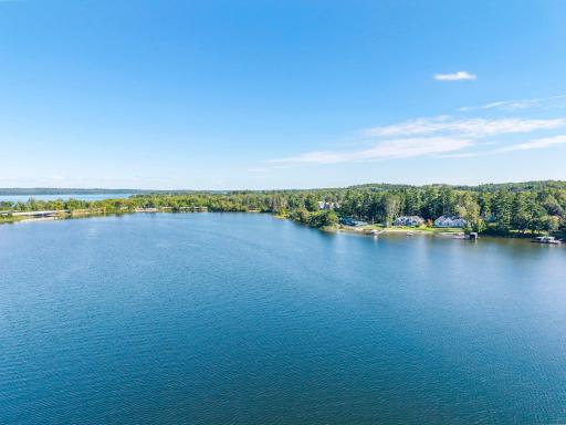 Aerial view showcasing the beauty of Leech Lake and picturesque Kabekona Bay.